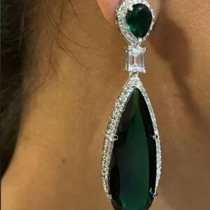Green Teardrop Halo Dangle Earrings in Silver