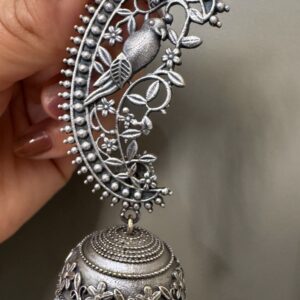 Peacock-motif oxidized ear cuff (Kaan Phool) with a hanging Jhumka
