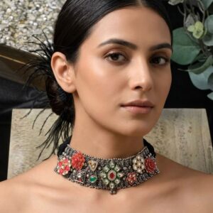 Floral Meenakari Oxidized Silver Choker Necklace with Kundan Accents