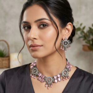 Antique silver-plated choker necklace and earrings set