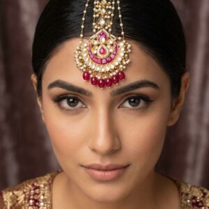 Traditional Indian Bridal Gold Finish Kundan Chandbali Maang Tikka with Pearl and Red Bead Accents