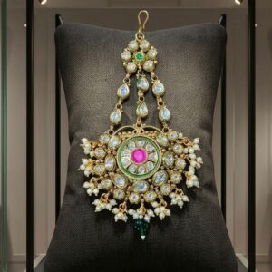 Traditional Antique Silver-Finish Pachi Kundan Bridal Maang Tikka with Pink and Green Meenakari Work