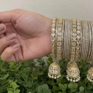 Royal Gold-Toned Kundan Bangle Set with Hanging Jhumka Latkans(fits size 2.4 and 2.6)